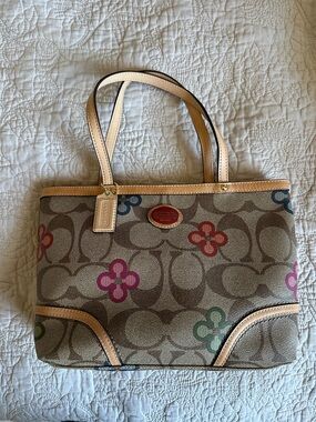 Coach Canvas Tote with Multicolor Floral Motif - Tan/Beige